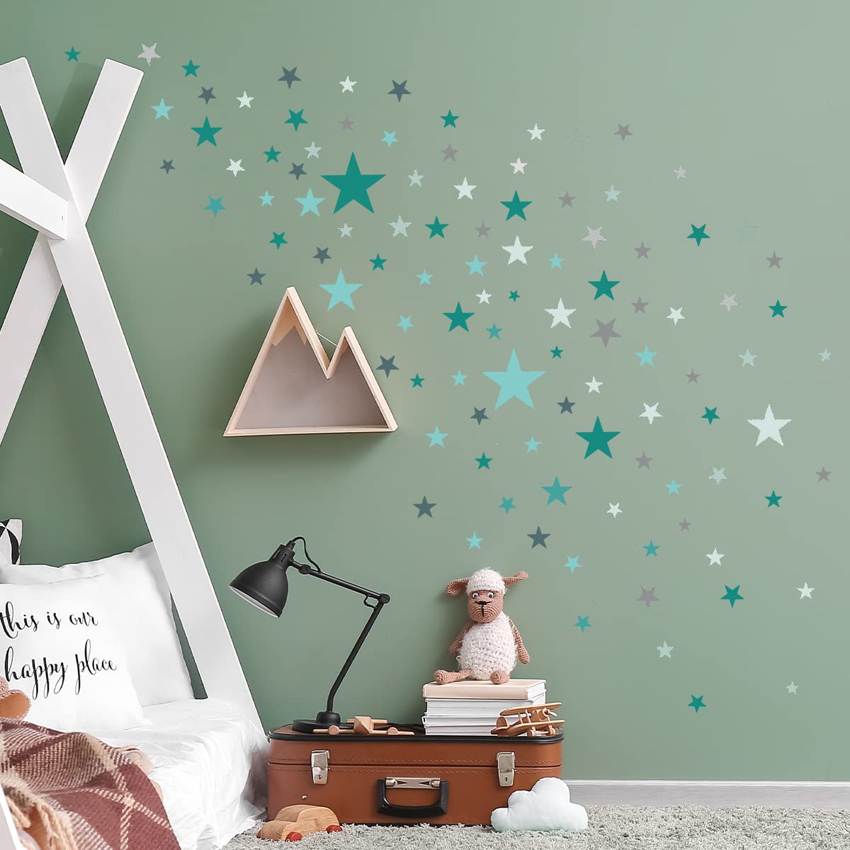 WandSticker4U®- [6 fogli, 148 pezzi] Adesivi murali bellissimicon STELLE verde/turchese pastello, Adesivi stelle cameretta per mobili pareti decorativi I Decorazioni camera da letto bambini neonato