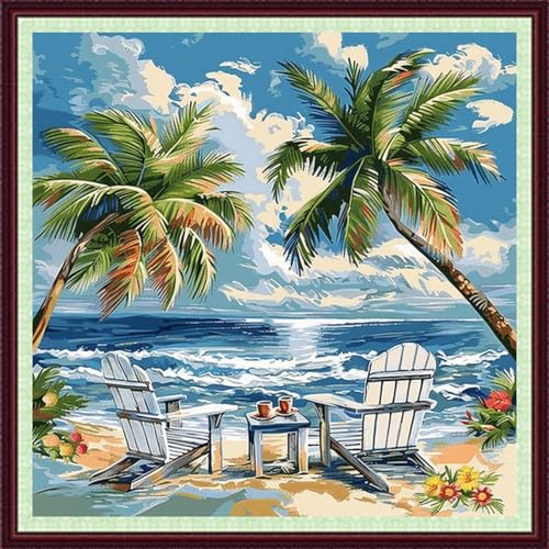 Image of Dooxvey Cross Stitch Kits for Adults Beginners,Full Range of Cross-Stitch Stamped Kits Needlepoint Kits for Beginners Embroidery Kits 11CT Cross Stitch Patterns-Drinking tea resting seaside 18x18 inch