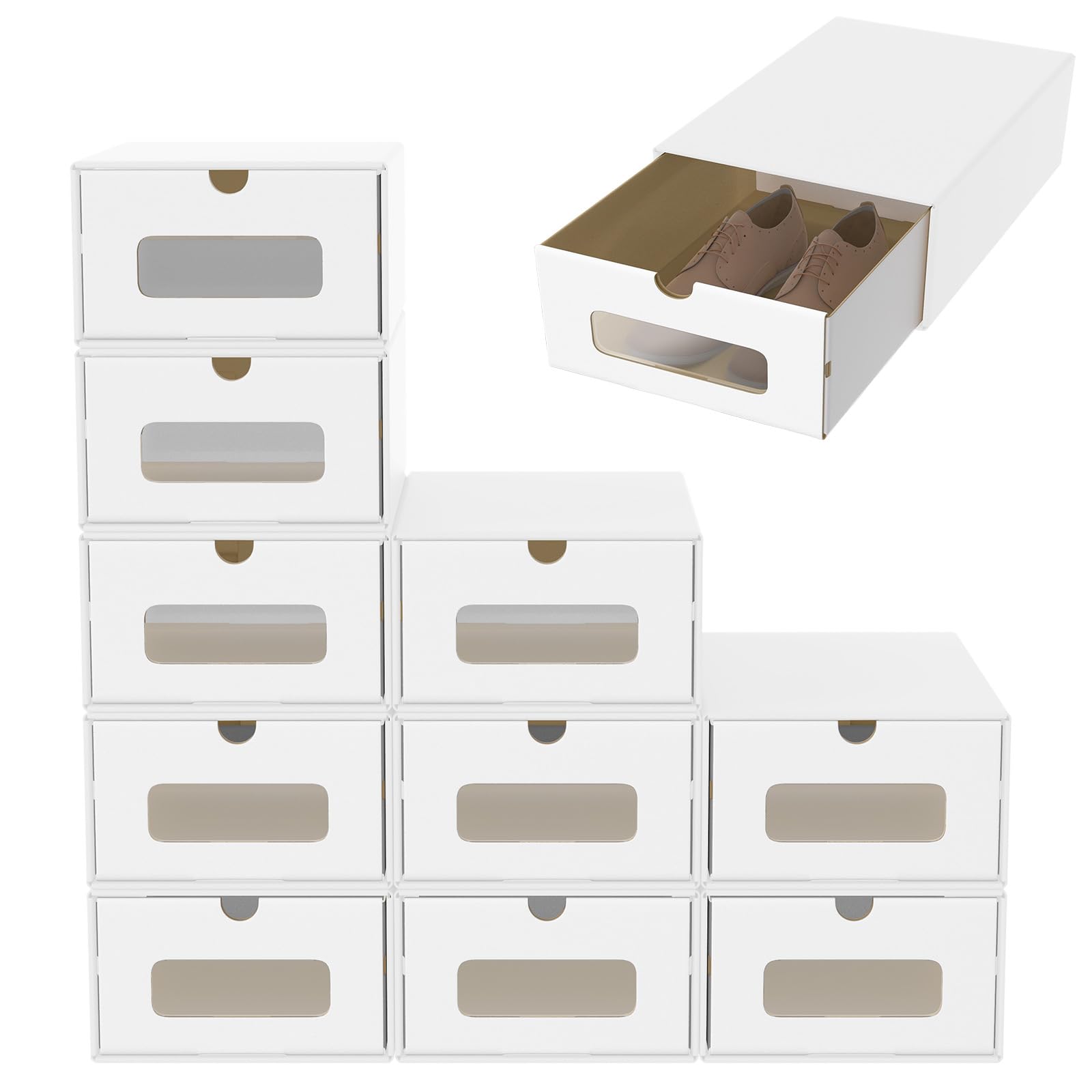ACXIN Schuhboxen Stapelbar Boxen-Set,Aufbewahrungsbox Schubladen mit Transparentes Sichtfenster,Pappkarton aus Kraftpapier,34.5 x 23.5 x 13.5 cm,30 Stück, Weiß