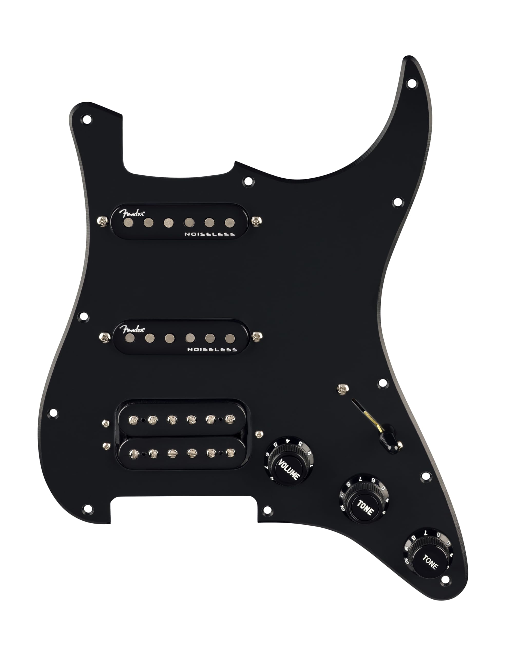 Pre-Wired Strat Pickguard, Quadra Tap/Ultra Noiseless HSS, Black 11 Hole PG