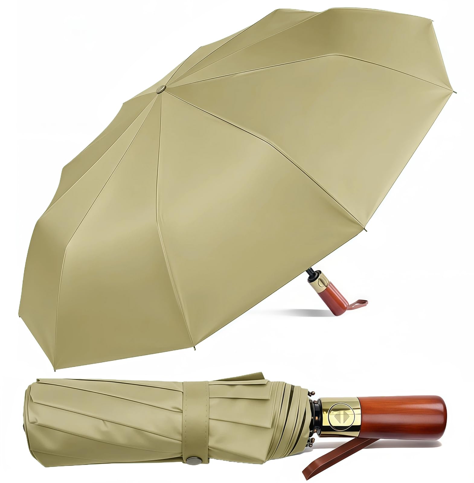 Pdyay Khaki 10 Ribs Folding Umbrellas Portable Windproof Waterproof Compact Umbrella With Auto Open And Close For Travel Outdoor Golfing Camping (Khaki)