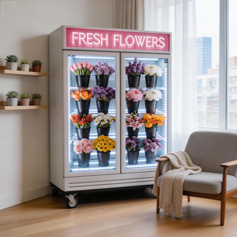 Nafcoool Commercial Flower Refrigerator Floral Display Cooler,White 2 Glass Doors Fridge With LED Light Adjustable Shelves,Etlsanitation Approval,40" Wide, Adjustable Shelves & Wheels Included on Fridge.com - View 3