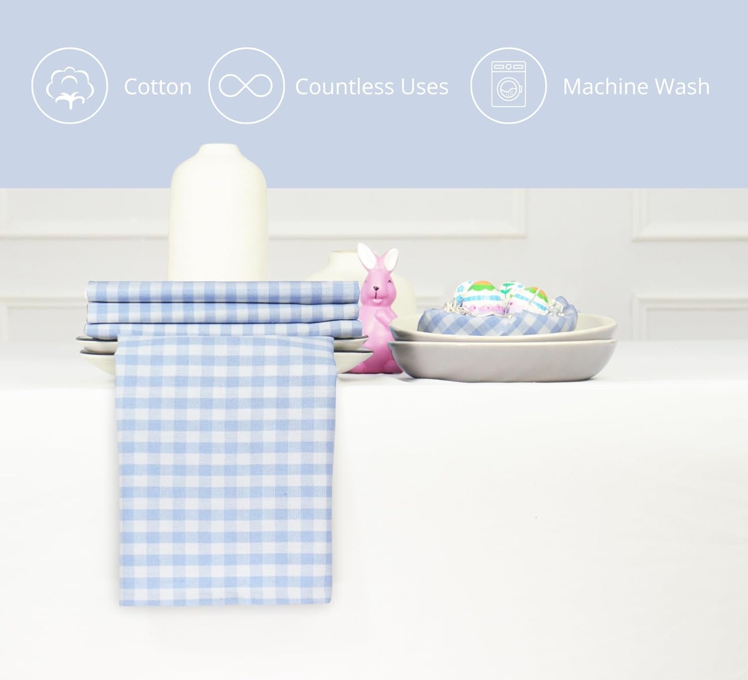 PurpleEssences Mini Gingham Check Dinner Cloth Napkin - Spring Easter Summer - Mitered Corners - 18x18 Inch - Set of 12-100% Cotton - Reusable Washable - Sky Blue and White