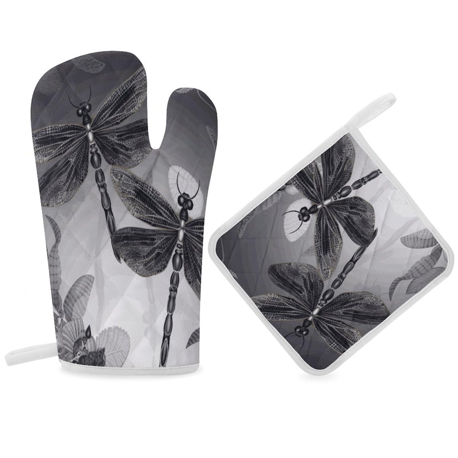 Fodpand Women's Style Dragonflies Grey Oven Mitts And Pot Holders Sets,Oven Gloves For Kitchen Oven Mitts And Potholders For Baking Cooking Grilling Apartment Essentials