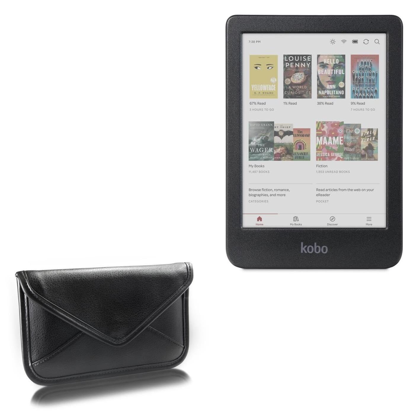 BoxWave Case Compatible with Kobo Clara Colour - Elite Leather Messenger Pouch, Synthetic Leather Cover Case Envelope Design - Jet Black