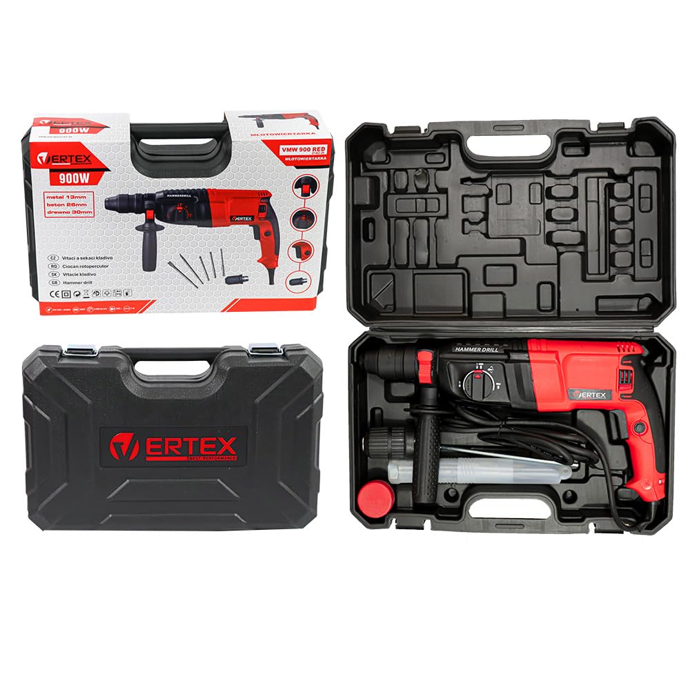 Vertex Młotowiertarka VMW900RED, 900W, SDS+, z Walizką PCV, 0-900 obr/min, Średnica Wiercenia 13/26/30mm, z Zestawem Wierteł i Dłut
