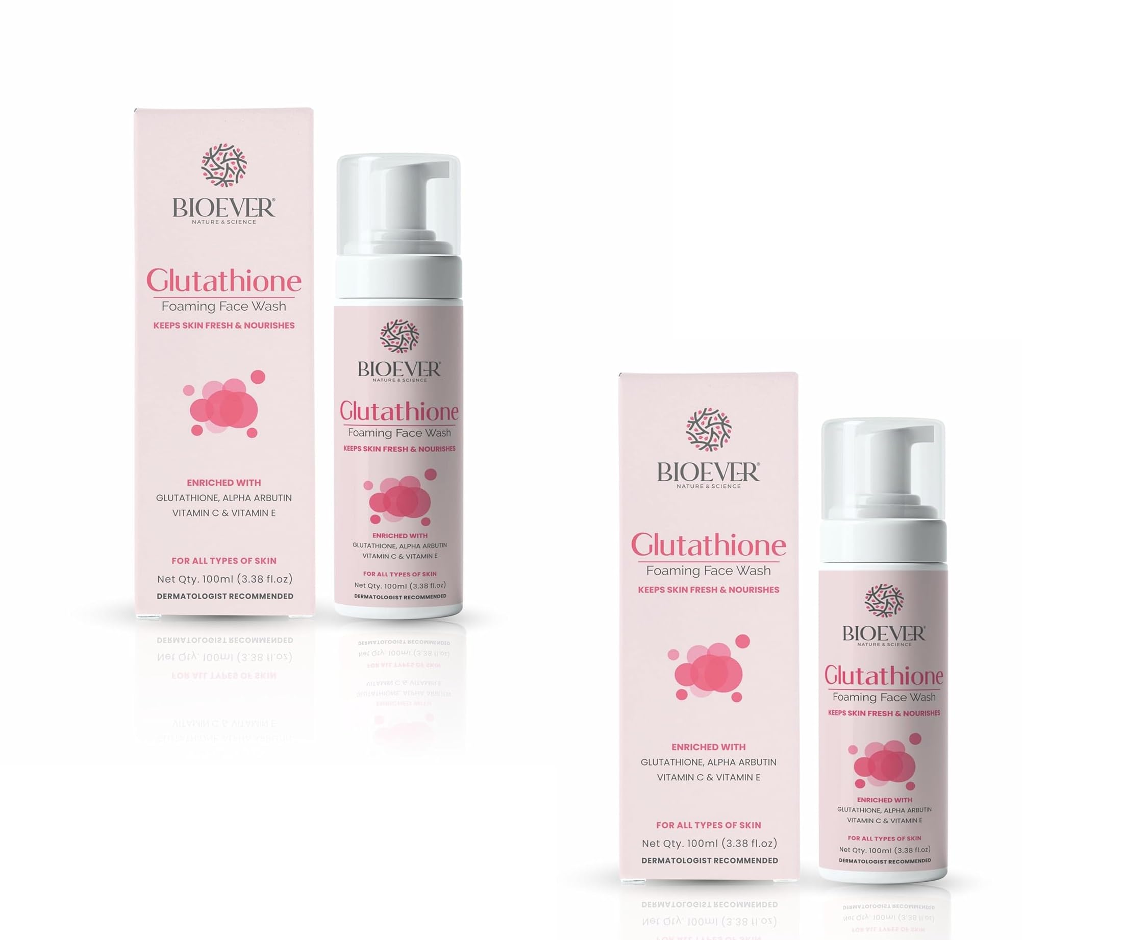 Bioever Glutathione Foaming Face Wash with Alpha Arbutin, Vitamin C, Vitamin E & Aloe Vera | Brightening & Deep Cleansing | Reduces Dark Spots & Pigmentation | Glowing Even Skin Tone | All Skin Types | Men & Women - 100ml (Pack of 2)
