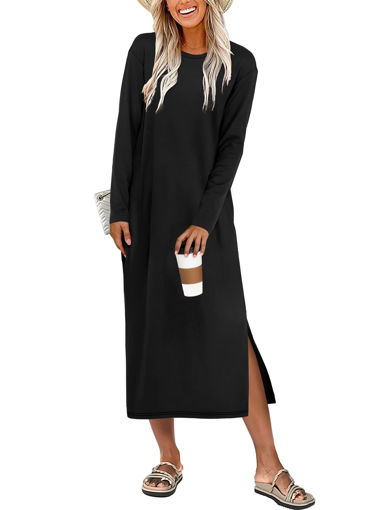 ANRABESS Long Sleeve Midi Dresses for Women Fall Fashion Casual Vacation Crewneck Loose Split Striped Long Tshirts Dress