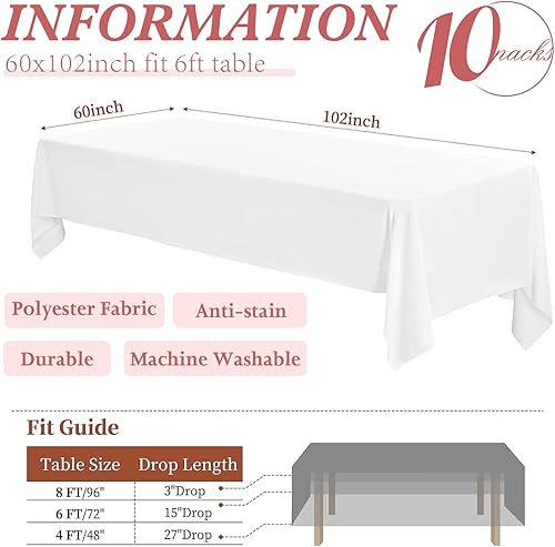 Miniatura 2 de Paquete de 10 manteles rectangulares de 60 x 102 pulgadas, color blanco, de poliéster, resistentes a las arrugas, reutilizables, decorativos,