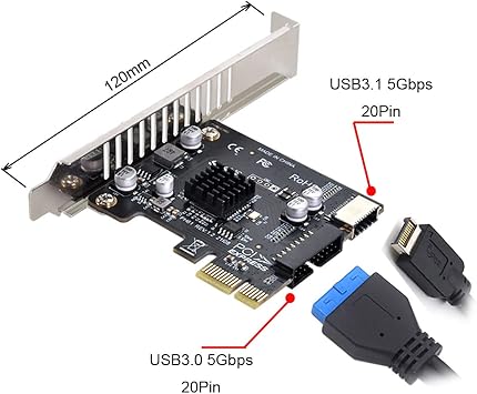 cablecc 5Gbps Type-E USB 3.1 Front Panel Socket & USB 2.0 to PCI-E 1X Express Card VL805 Adapter for Motherboard