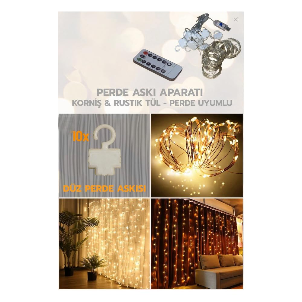Coverzone Led Işık 5 Metre Sarı Işık Kornişe Takılabilir Aydınlatma – USB Girişli, Bakır Telli, 10 Halkalı Tasarım, Perde Asma Aparatlı ve Uzaktan Kumandalı Dekoratif Işık Zinciri