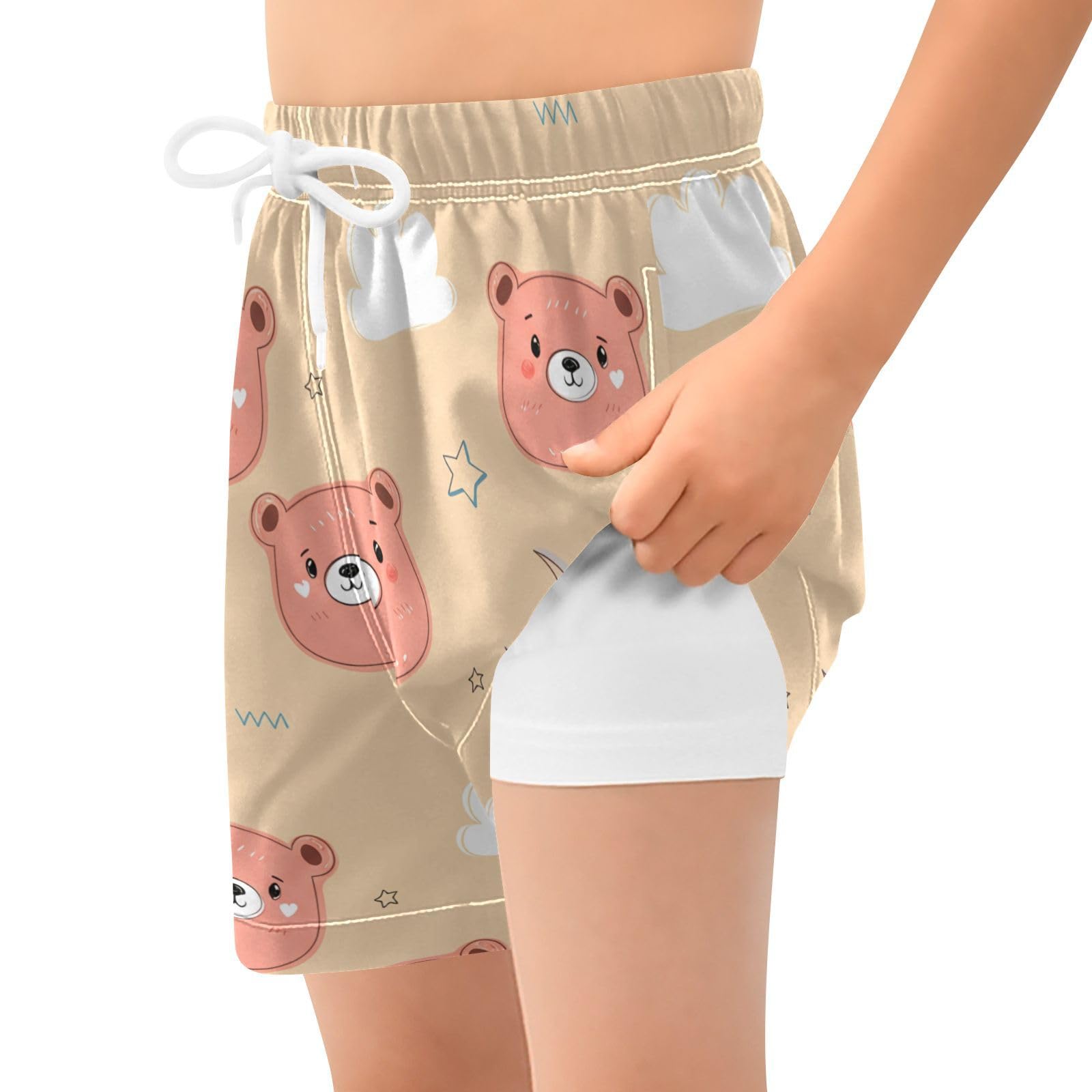 YANENDIE Boy Swim Trunks with Compression Liner Bear Faces Boys Swim Shorts Quick Dry Beach Shorts