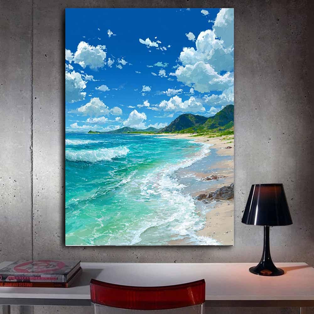 ZAMAEIU Impresión En Lienzo Océano Olas junto a la cala mar, playa,vista, arte de pared, carteles, imágenes para sala de estar, decoración del hogar（azul-60x90cm Enmarcado