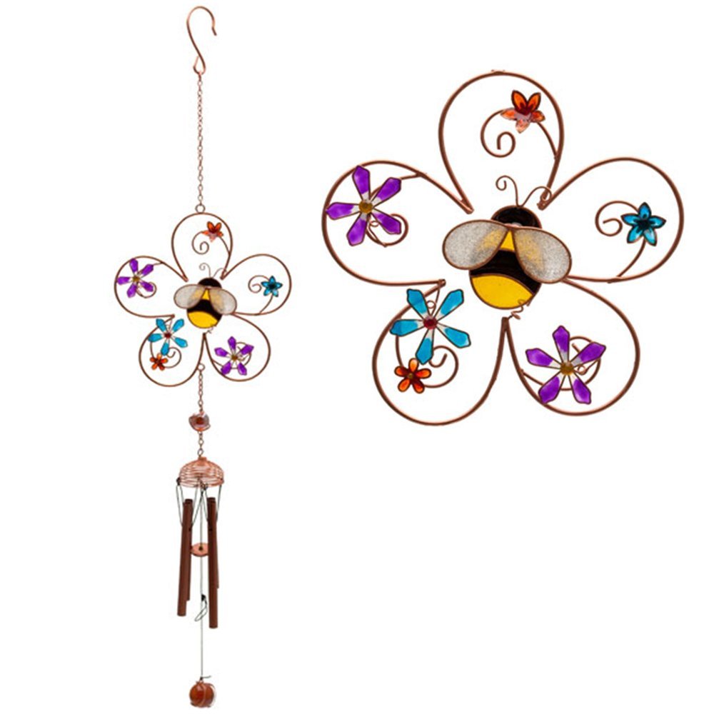 Bee and Flower Colourful Design Wind Chime - Glass, Metal, Resin Home and Garden Ornament (Design B)