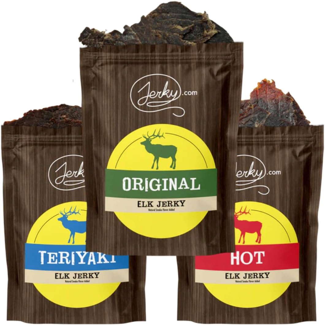 Jerky.com Exotic Elk Jerky Sampler - Wild Game Meat Snacks, Exotic Snacks, High-Protein, All-Natural, No Added Preservatives - Healthy Snacks for Adults - 1.75 oz. (Pack of 3)