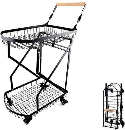 Carrito utilitario plegable de 2 niveles con ruedas, carrito de compras plegable de 110 libras con ruedas, carrito plegable multifunción resistente