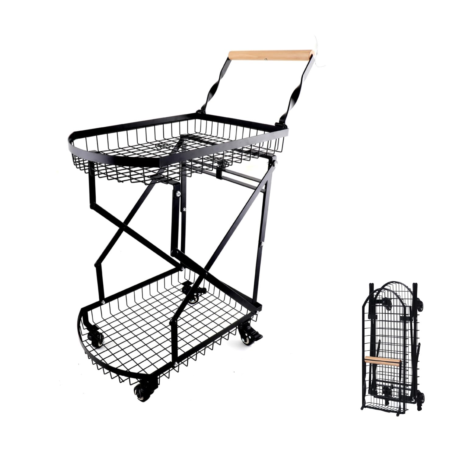 View 1 of 2-Tier Folding Metal Shopping Cart On Wheels,Collapsible Utility Cart