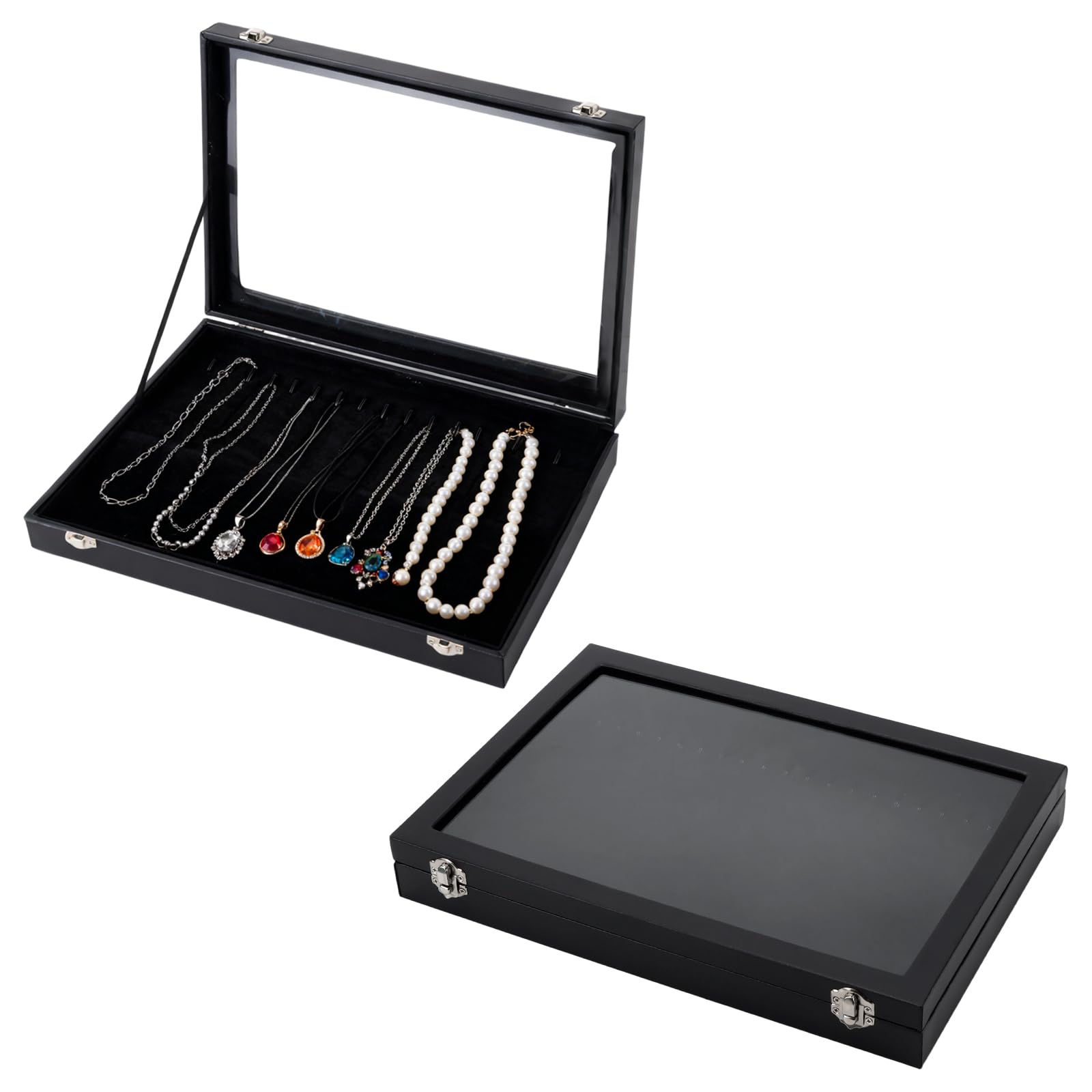 Présentoir colliers en velours noir lot de 2 boîte bijoux verre