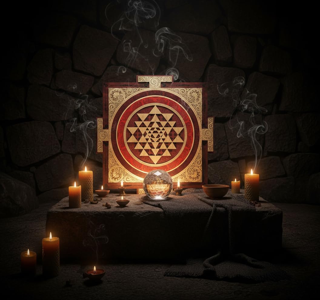 Sri Yantra Sacred Geometry Wall Art – Gold & Burgundy Sri Chakra Wood Mandala for Yoga, Meditation & Spiritual Home Decor (27.5” x 27.5”) - (70x70 cm)