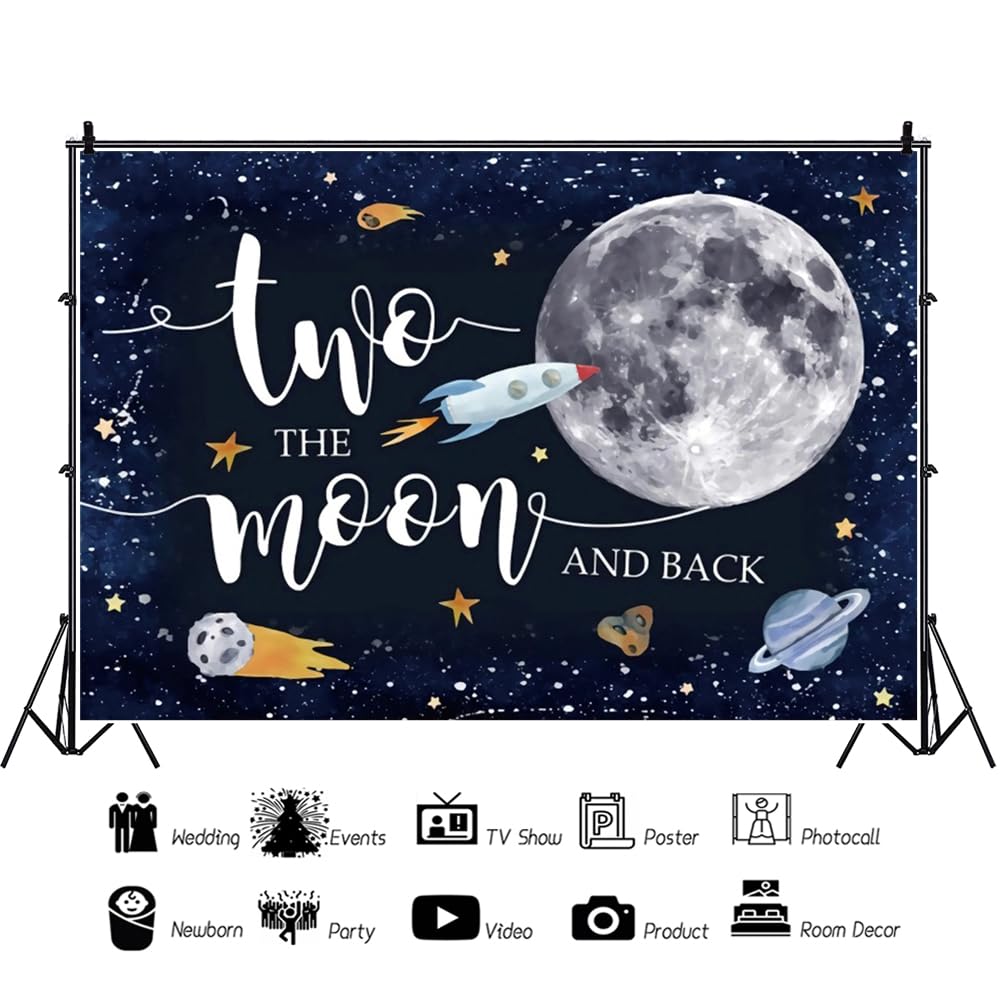 Leowefowa 2,7 x 1,8 m winylowe tło "Two The Moon" na 2. urodziny, kosmos, rakieta, astronauta, tło, nocne niebo, gwiazdy, planeta, galaktyka, tło, dekoracja na przyjęcie urodzinowe, rekwizyty studyjne