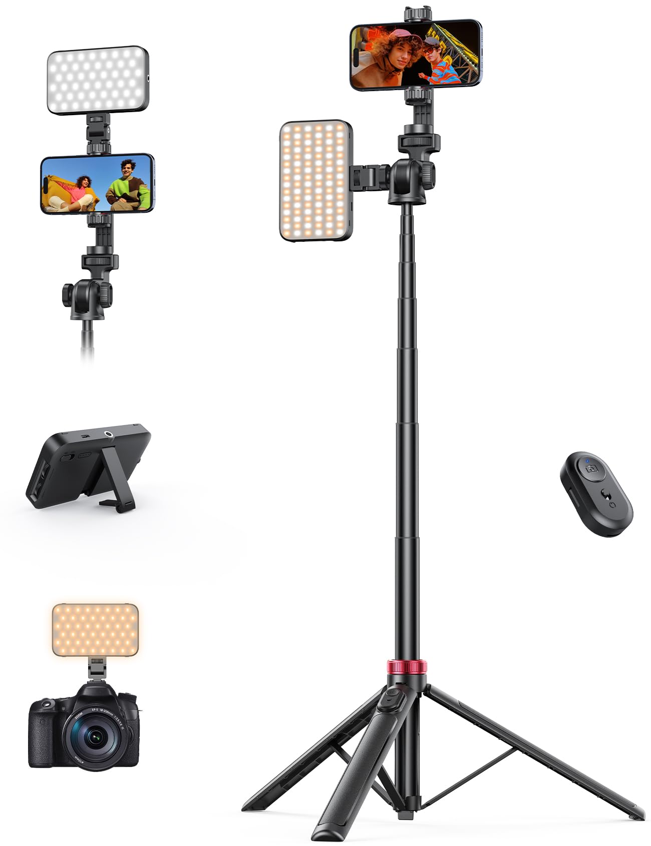 Trípode de teléfono móvil con luz LED de llenado, palo selfie trípode de 35 – 153 cm con mando a distancia Bluetooth, rotación de 360°, para iPhone Android, cámara TikTok YouTube Vlog Live Streaming