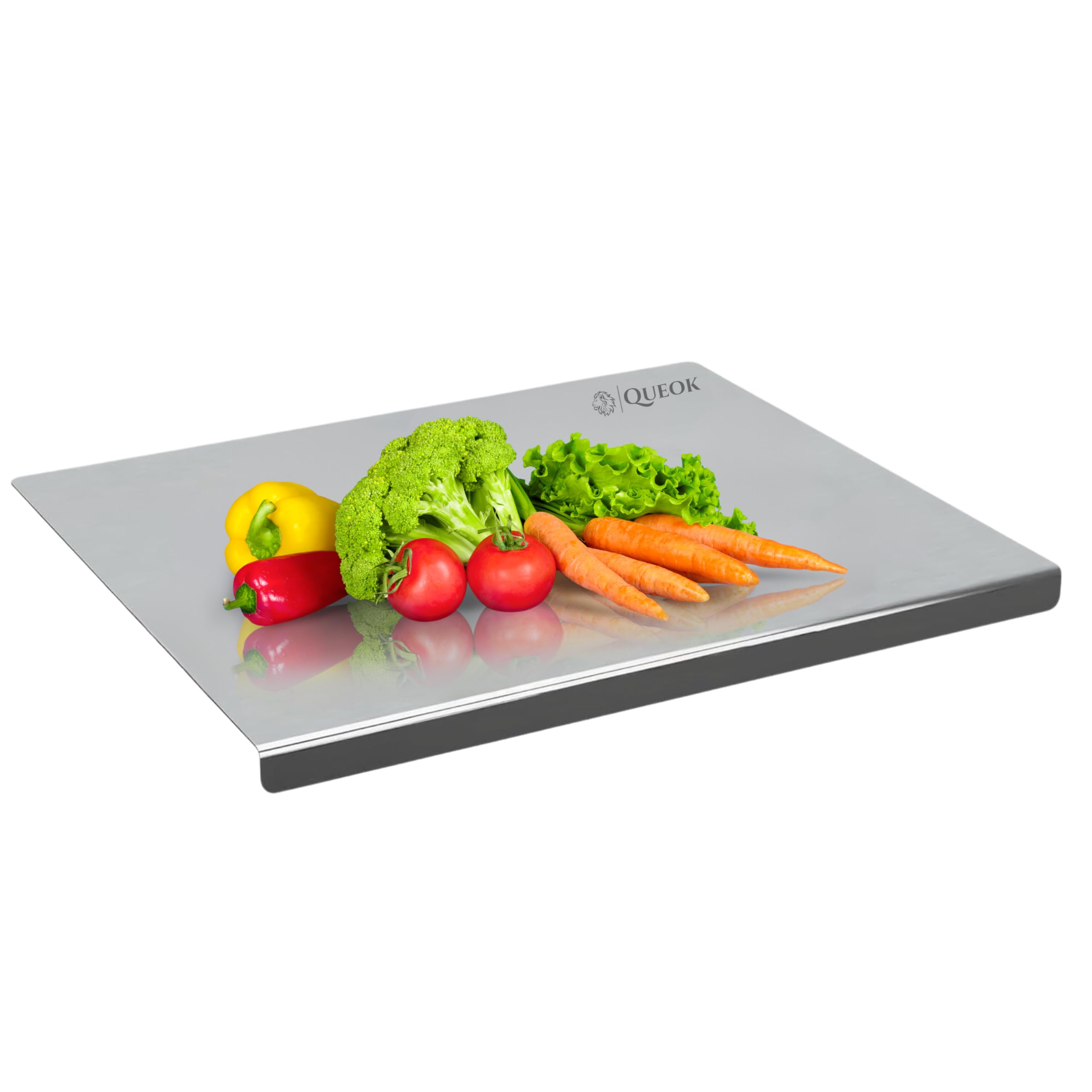 QUEOK Premium Stainless Steel Chopping Board for Kitchen|Compact 36x30 cm Countertop Steel Cutting Board with Lip|Rust Proof|Non-Slip|Round-Edge|Dual-Sided Use for Meat, Vegetable, Fruits