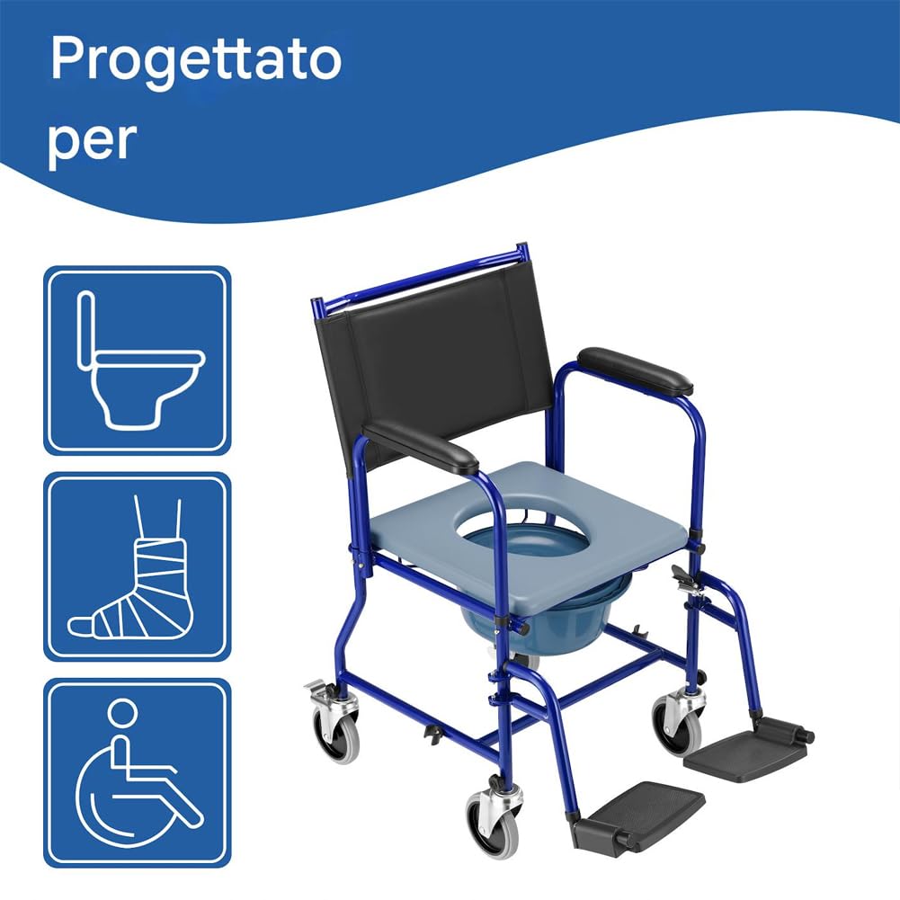 BAKAJI Sedia a Rotelle da Bagno con Vaso Rimovibile, Schienale e Seduta Ergonomica con 4 Ruote Piroettanti, Ausilio per Anziani, Disabili e Persone con Mobilità Ridotta, 53 × 57,5 × 94 cm