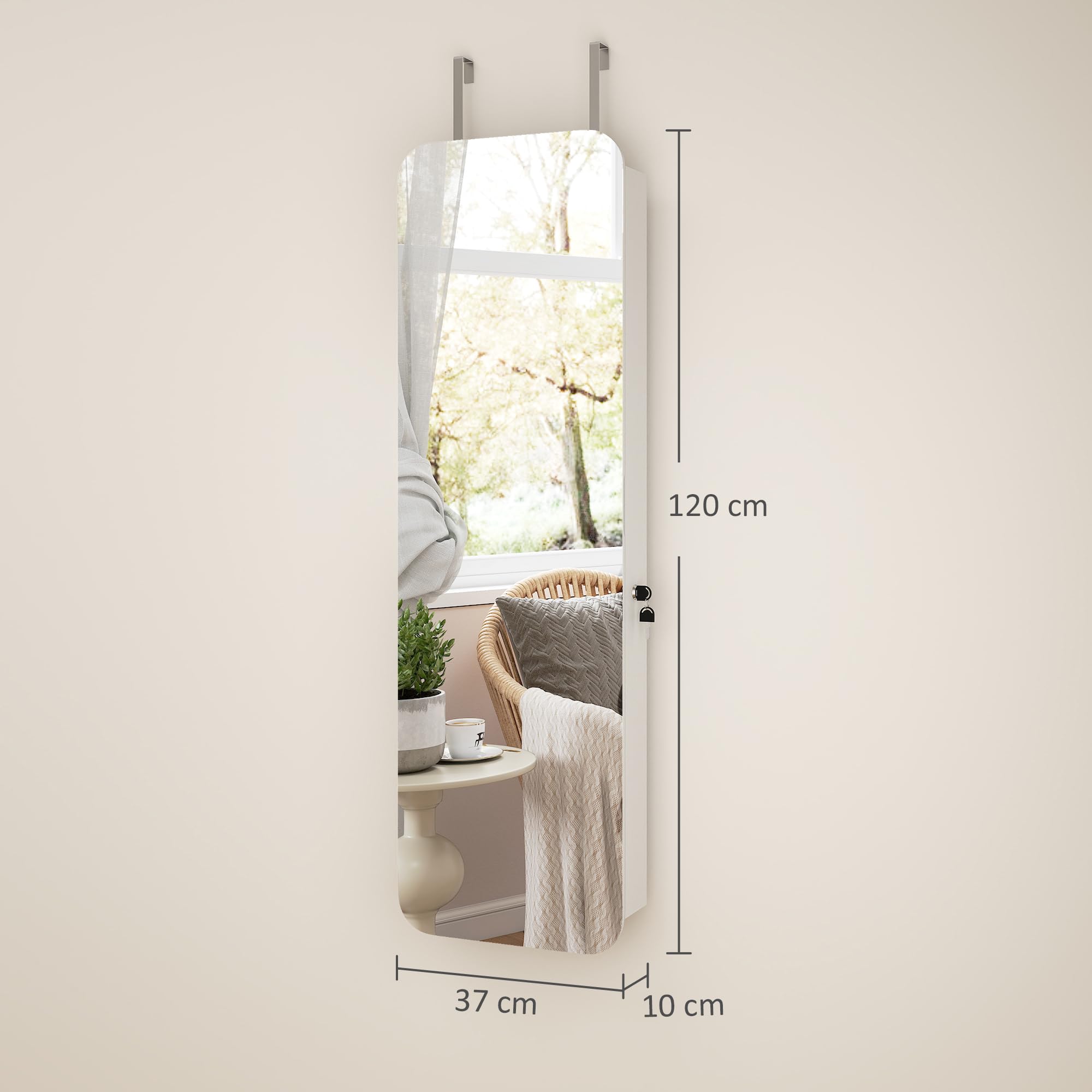 HOMCOM Espejo Joyero con Luz LED, Armario Joyero Montado en la Pared o en la Puerta, Armario para Joyas con Cerradura, Espejo Entero sin Marco, 2 Cajones, para Regalo, 37x10x120 cm, Blanco