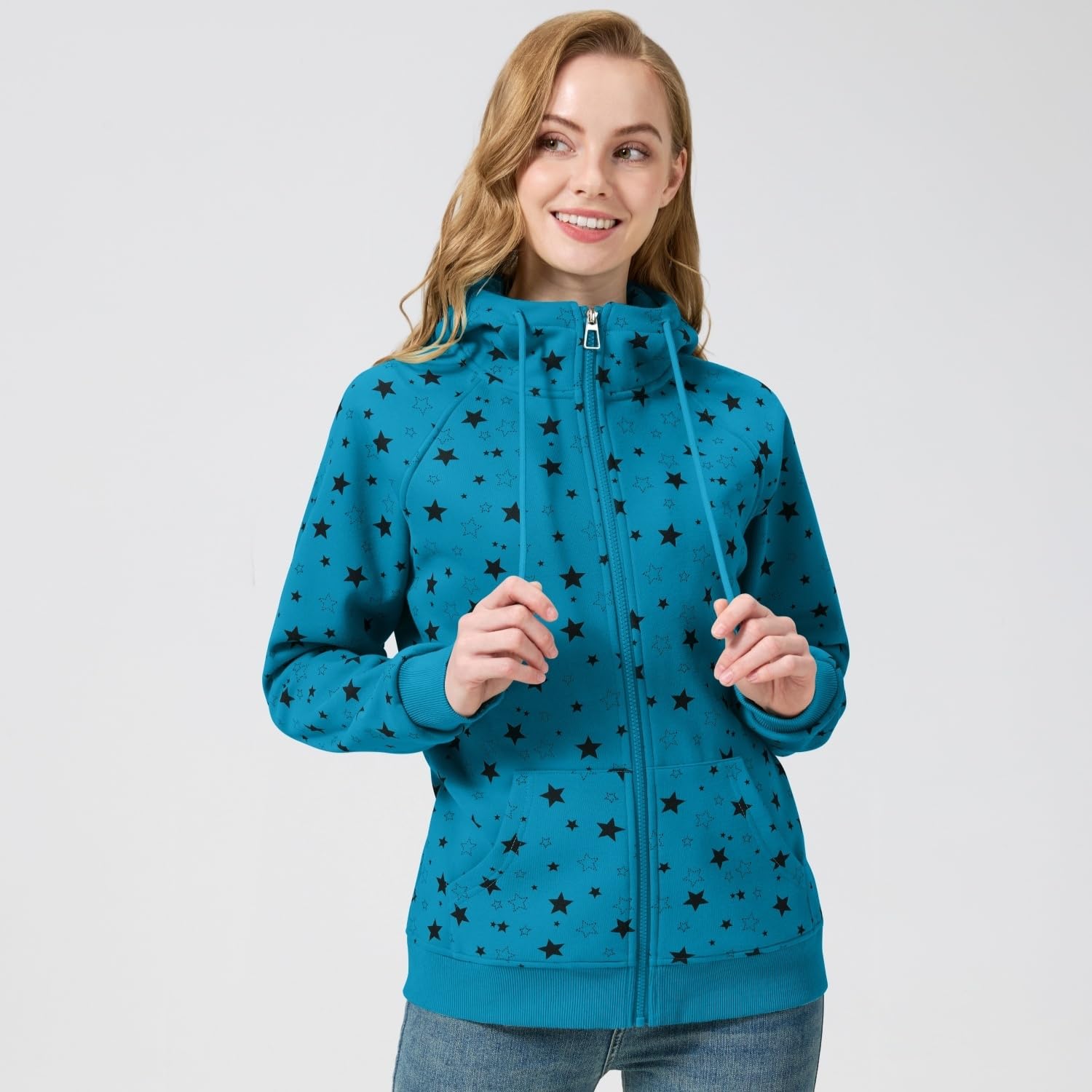Hoodie Damen Sweatjacke mit Sternenprint Kapuzenpullover Pulli mit Reissverschluss Frühling Herbst Fleece Kapuzenjacke