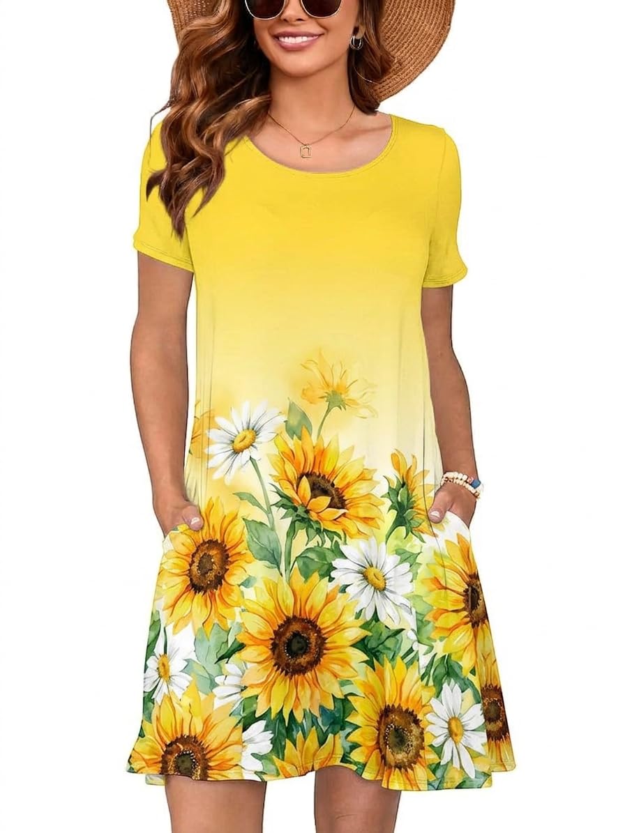 Heymoments Summer Dresses for Women Short Sleeve Crewneck Swing Sundress Casual A-Line Flowy Dress with Pockets S-2XL