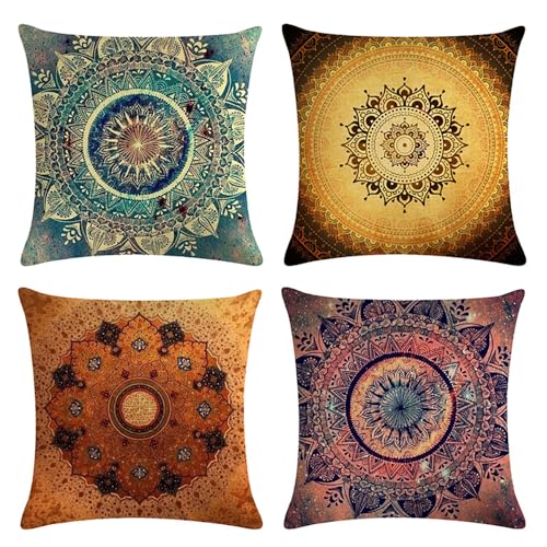 BREASOME Housse de Coussin 45x45 cm, Lot de 4 Housses de Coussin Motif de Mandala Style Boho Rétro Ethnique Taie d'oreiller Décorative Carrée en Polyester...