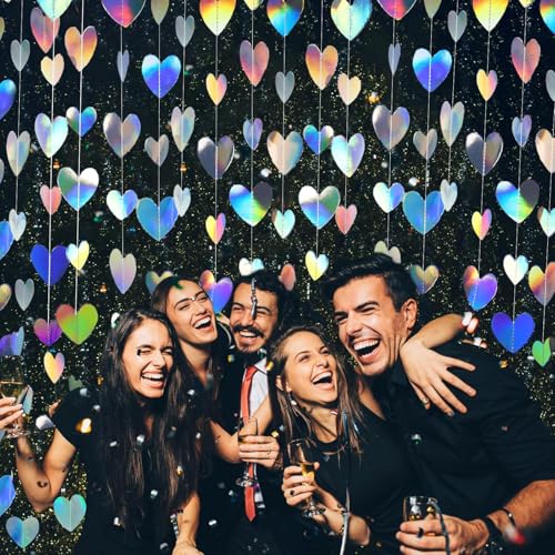 Image of Iridescent Party Decorations Holographic Heart Garlands Disco Theme Birthday Decoration Hanging Wedding Banner Graduation Decor Neon Streamers,Baby Bridal Shower Engagement Valentines Decor