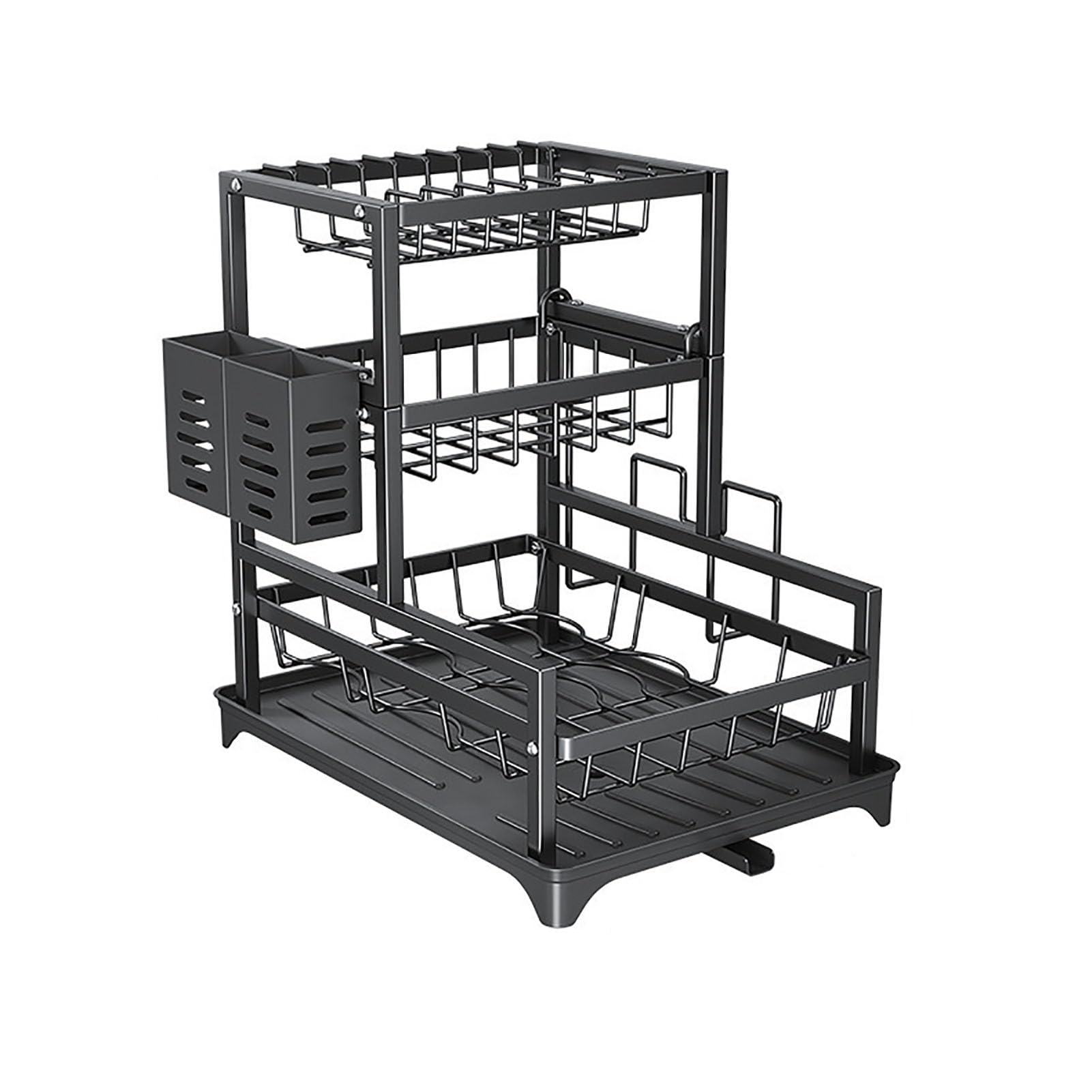 Tbatm Black Kitchen Countertop Dish Storage Rack With Detachable Cutlery Compartment, Practical Two Layer Tableware Dryer Organizer For Various Dinnerware To Keep Cooking Area Neat And Tidy,,3 Tier