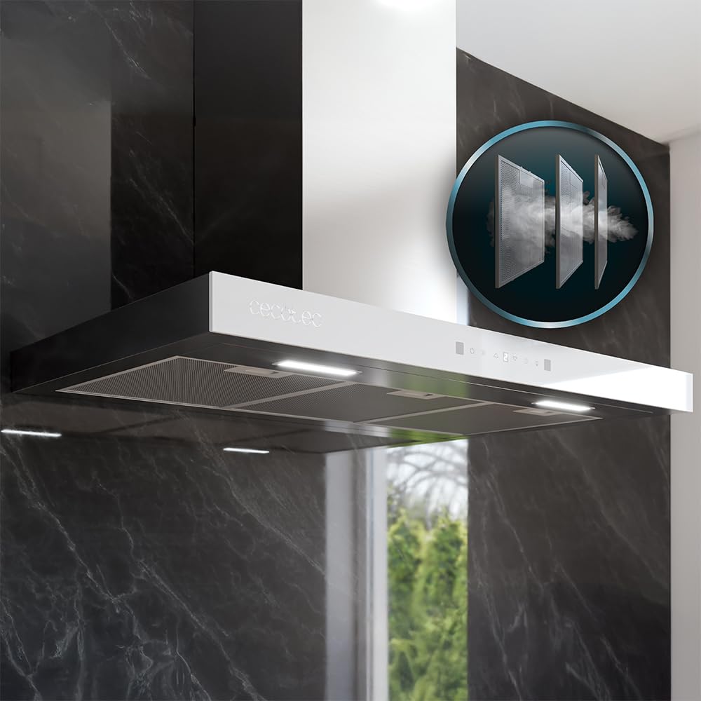 Cecotec Hotte Aspirante Flux TT 905500 Glass White A++ 90 cm 70W 550m3/h Commande Tactile LED