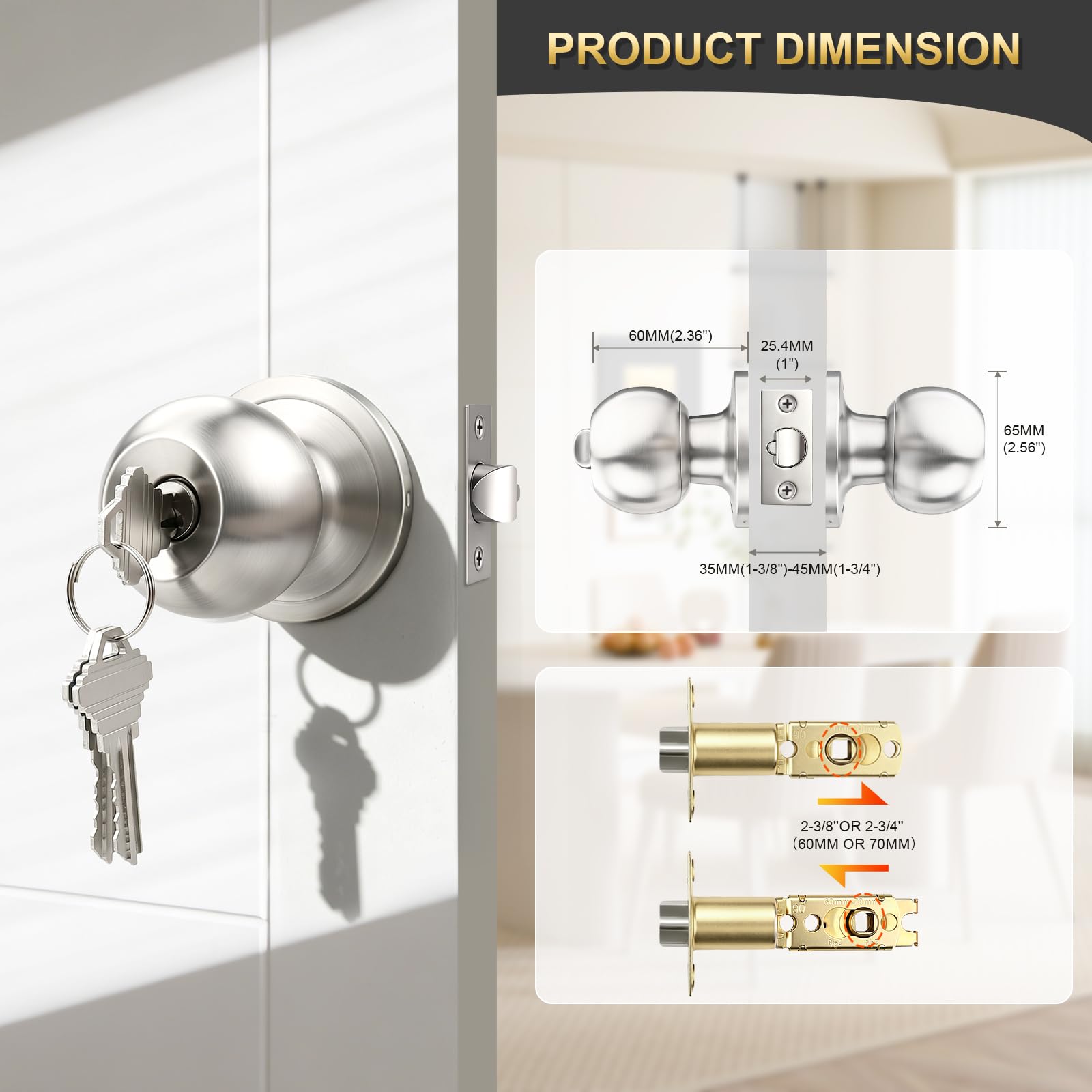 Satin Nickel Door Knobs - 2 Pack with Keys -5