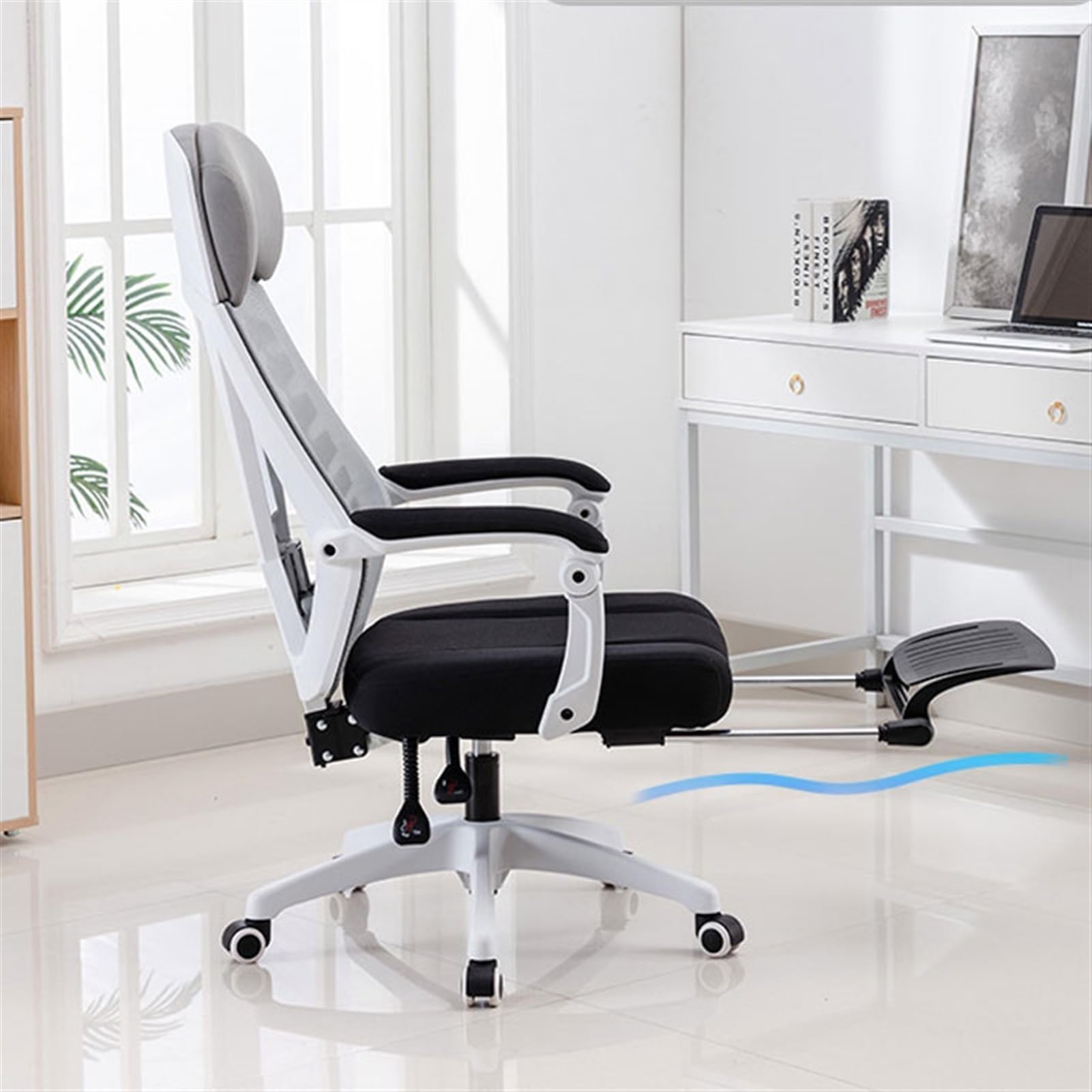 Ergonomiczne krzesło biurowe, obrotowe oparcie z siatki, z zagłówkiem i podłokietnikami, wygodne krzesło z regulacją wysokości, z podnóżkiem