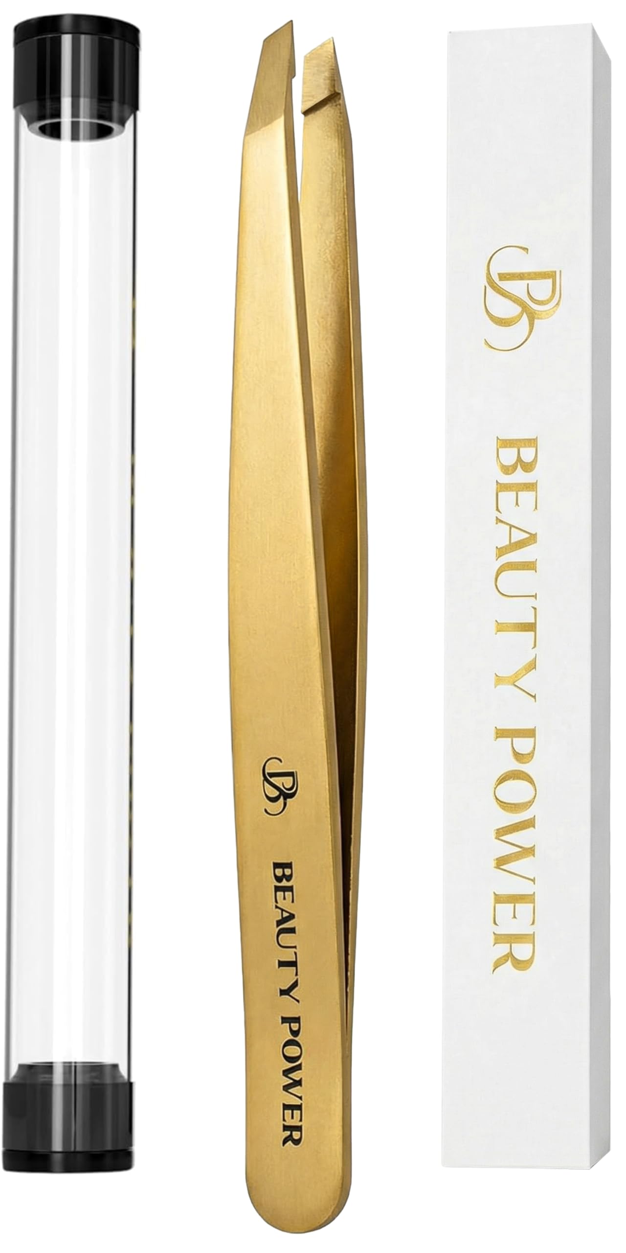 Beauty Power Ultra-Precision Professional Slant Tweezers for Women Facial Hair - German Stainless Steel, Lightweight Black Tweezers for Women & Men, Ideal for Eyebrow & Facial Grooming (Matte Gold)