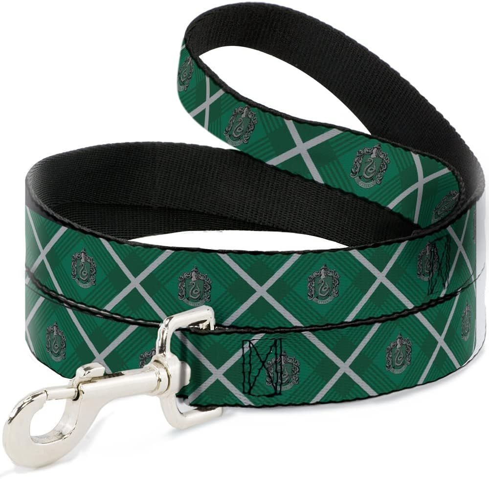 The Wizarding World of Harry Potter Pet Leash, Dog Leash, Harry Potter Slytherin Crest Plaid Greens Gray, 6 Feet Long 1.0 Inch Wide