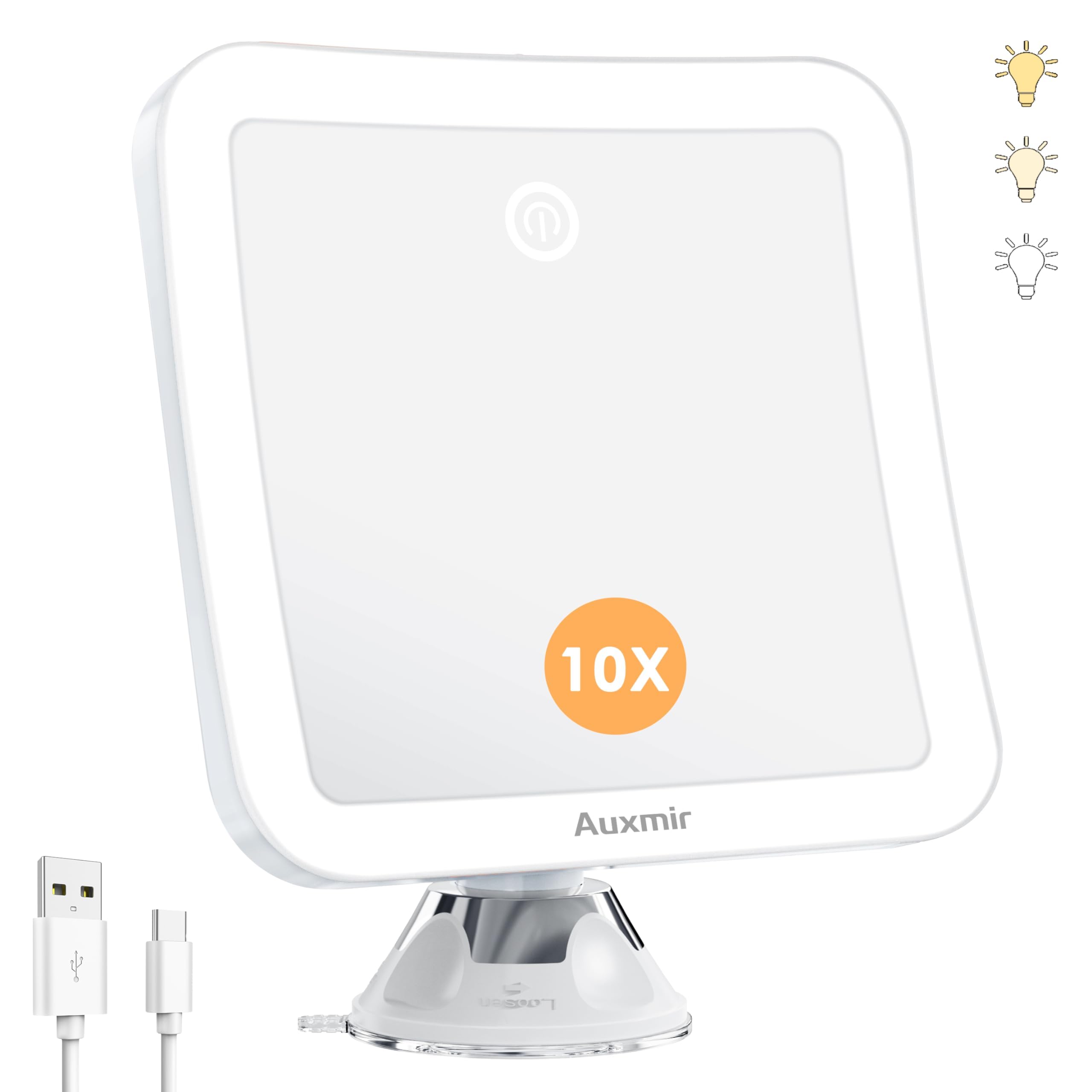 Auxmir Espejo Maquillaje con Luz 10X, Espejo Aumento Ventosa Ducha, 2000 mAh USB Recargable, 360 Giratorio, 3 Colores de Luz, Inalámbrico para Pared Baño Viaje, Afeitado Depilación Cejas, Cuadrado
