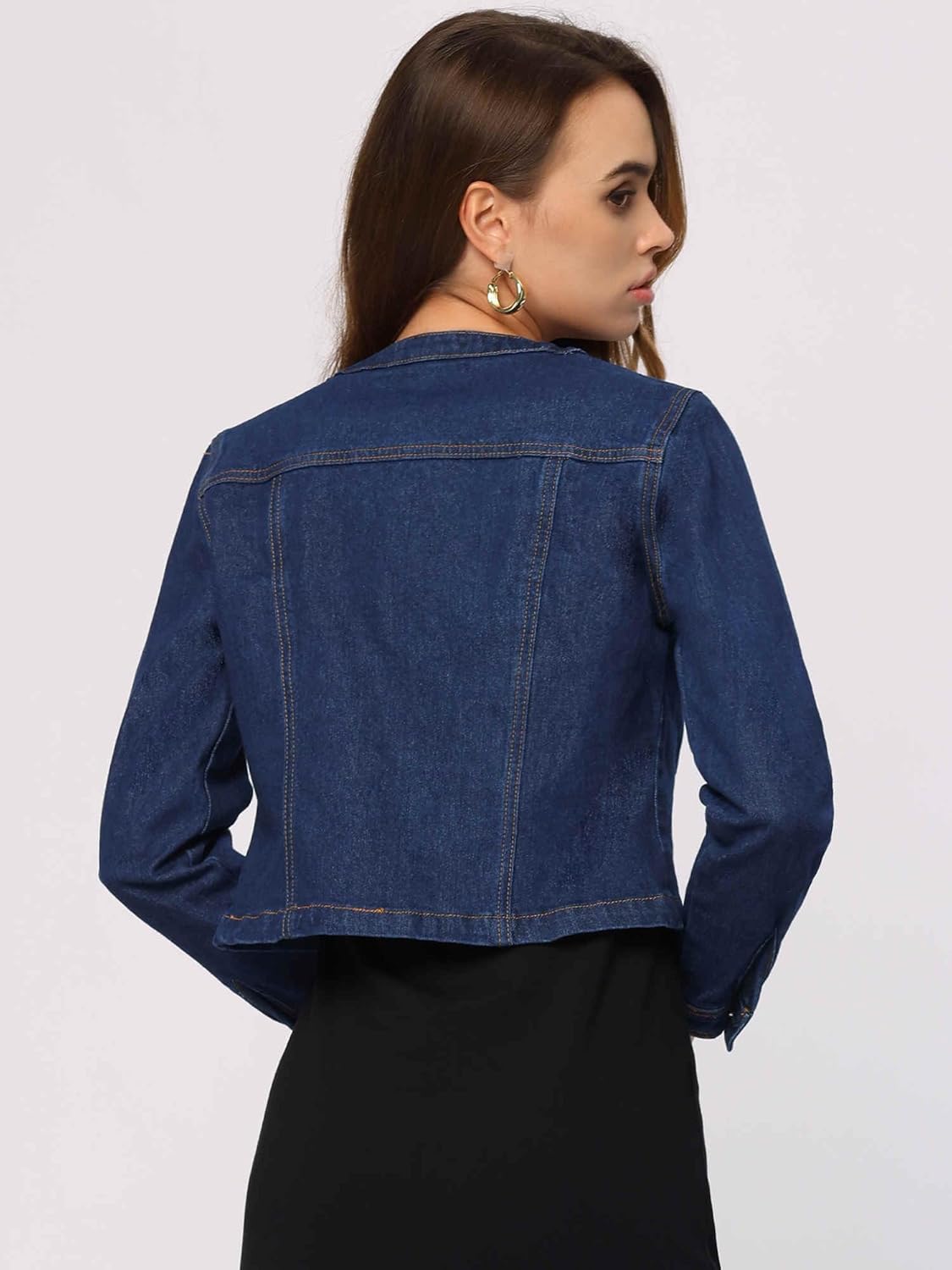 Allegra K Denim Jacket for Women's Collarless Button Down Crop Jean Jackets - Image 5