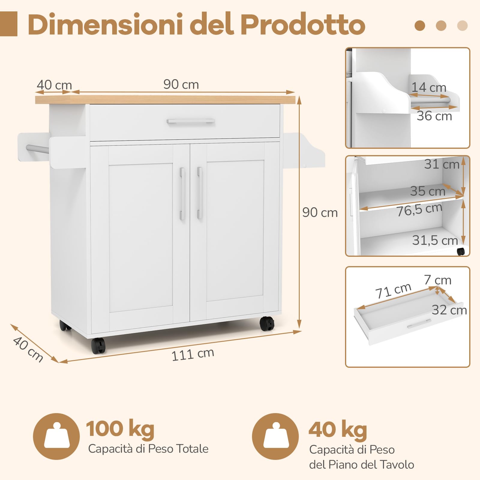 COSTWAY Carrello da Cucina, Credenza Salvaspazio con Cassetto, Ripiano Regolabile, Portaspezie, Portasciugamani e Ruote, Mobile da Cucina per Sala da Pranzo e Soggiorno, 111 × 40 × 90 cm (Bianco)
