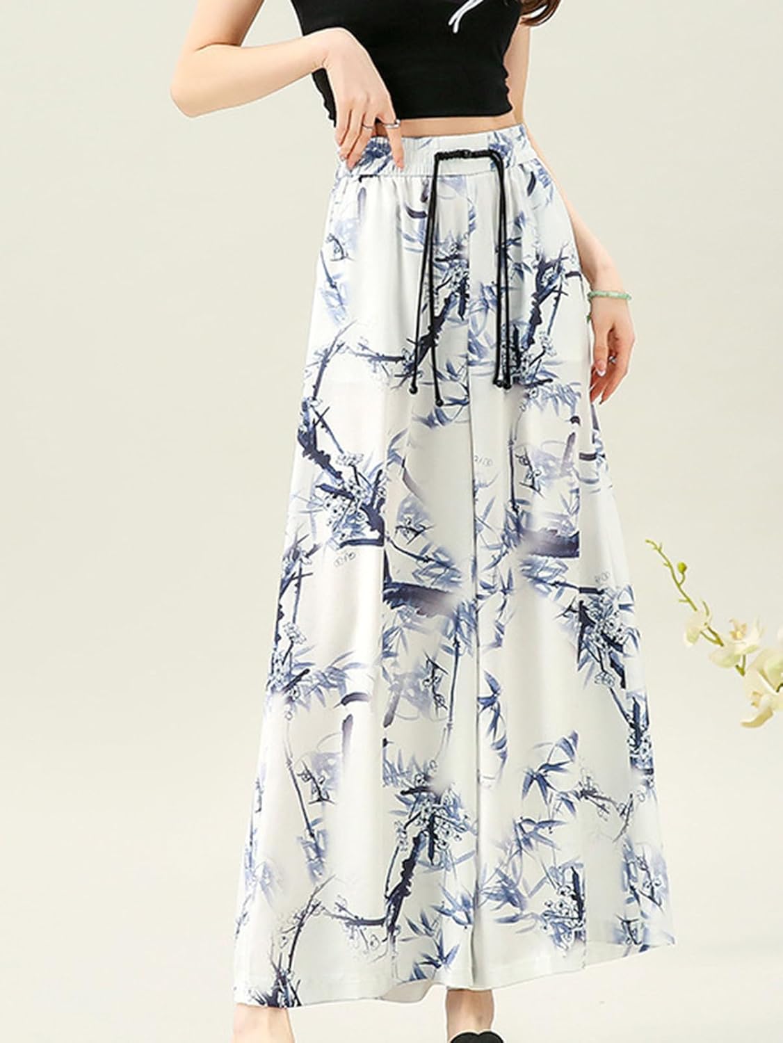 [Donahutt03] ワイドパンツ レディース ゆったり シフォンパンツ 花柄 ファッション ガウチョパンツ ハイウェスト ウエ