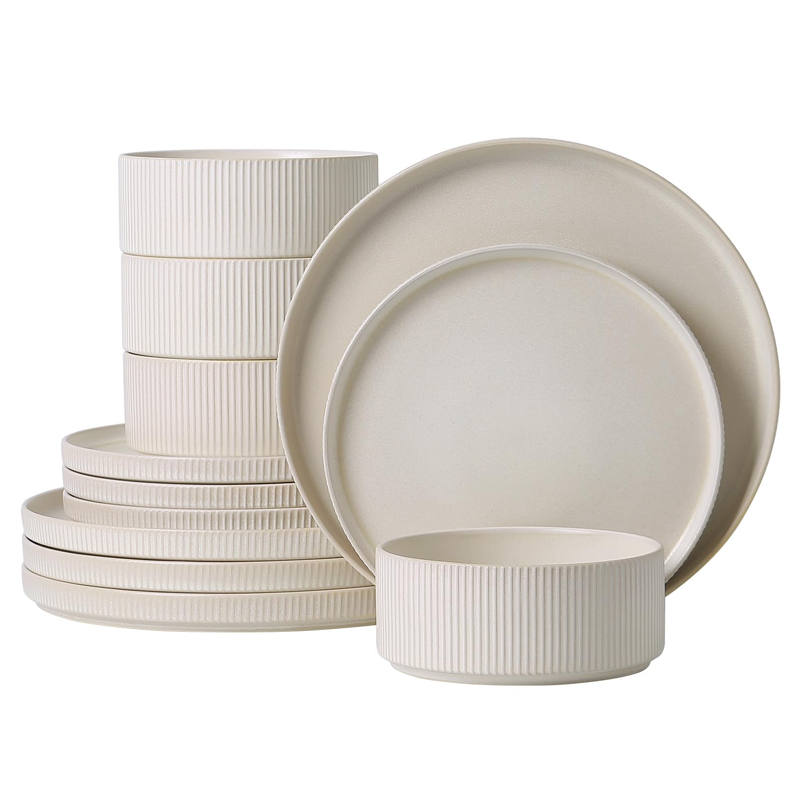 Stoneware Dinnerware Sets for 4, 12Pcs Plates and Bowls Set, Matte White
