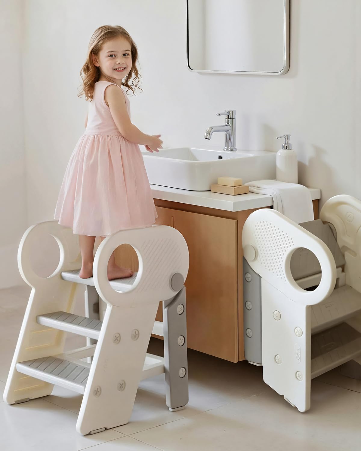 Foldable Toddler Step Stool with Handles for Bathroom Sink, Adjustable 3 or 2 Step Stool for Training Toilet Potty, Plastic Toddlers Kitchen Stool Helper for Kids-Grey