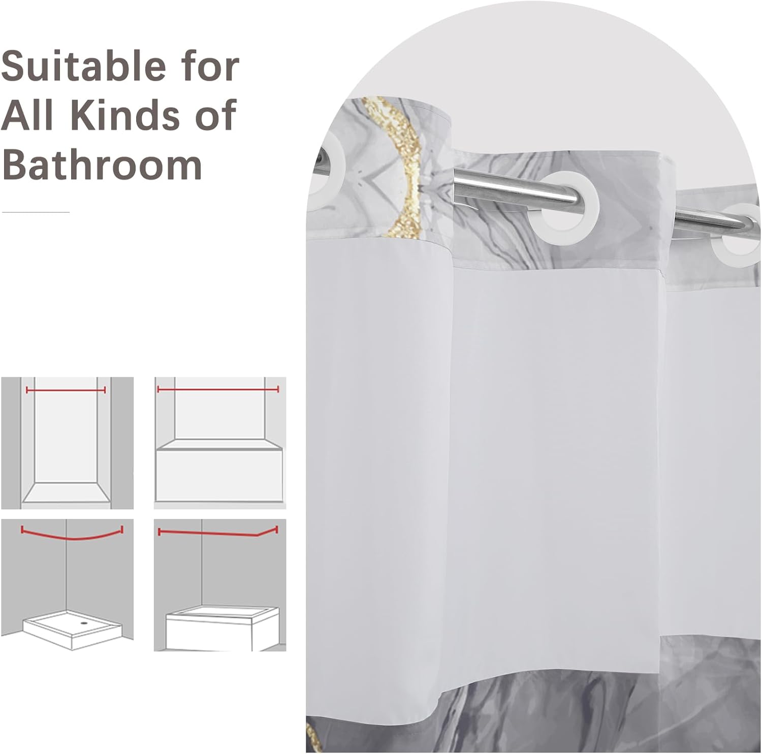 No Hook Shower Curtain,Gray Marble Double-Layered Shower Curtain with Snap-in Liner and Weights,Modern Abstract Luxury Fabric Bath Curtain with See Through Mesh, 71x74in