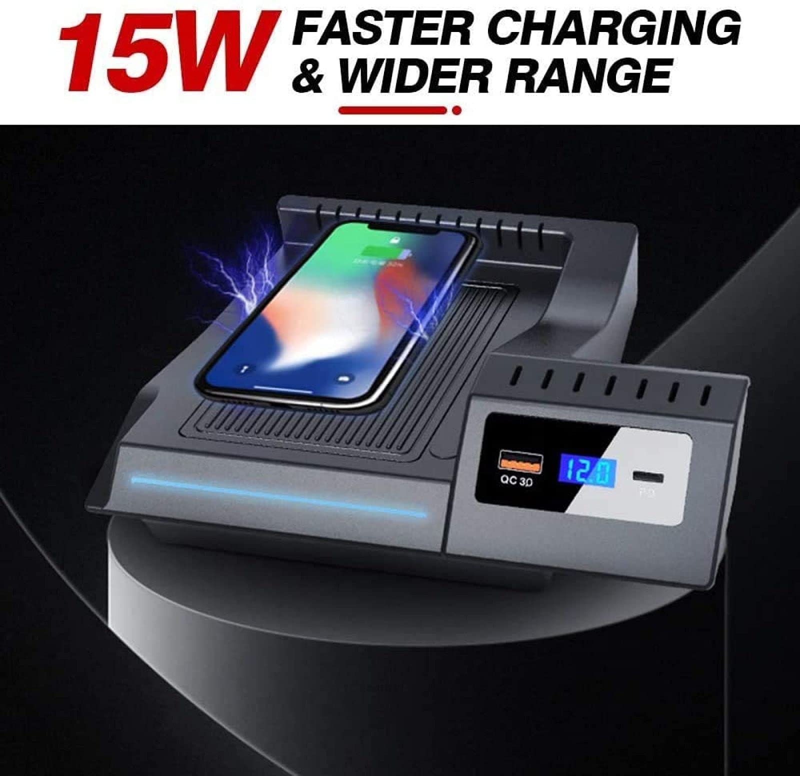 XLARSH Wireless Car Charger for Mercedes-b-ENZ GLC 2016-2019 15W Qi Quick Charge Non-Slip Phone Charger with 18W QC 3.0 USB Port Panel Pad Center Console Accessories