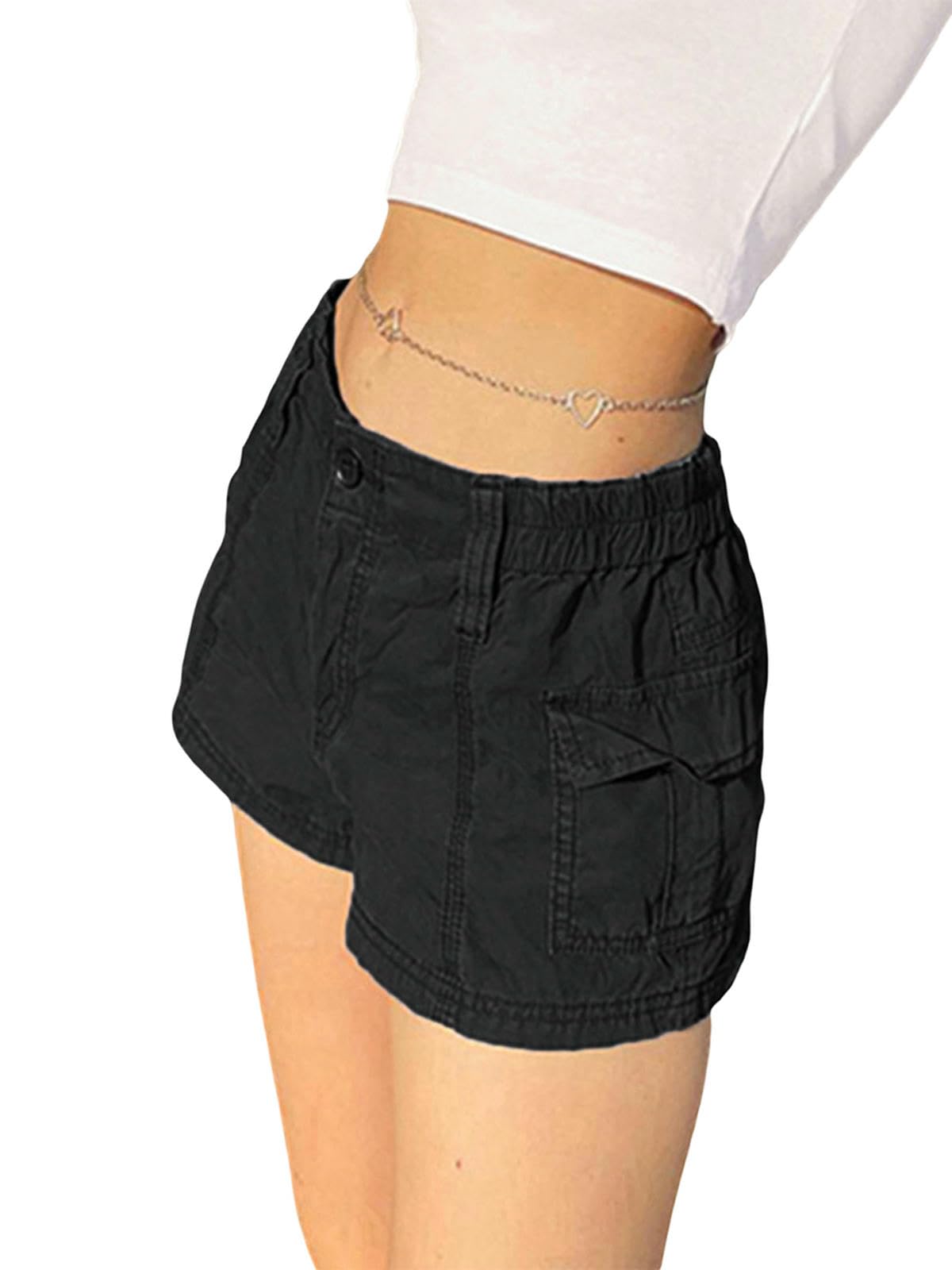 Shorts Donna Pantaloncini Cargo da Donna, in Denim retrò alla Moda A Vita Bassa, Sexy Casual Estivi, con Tasche-Nero-s