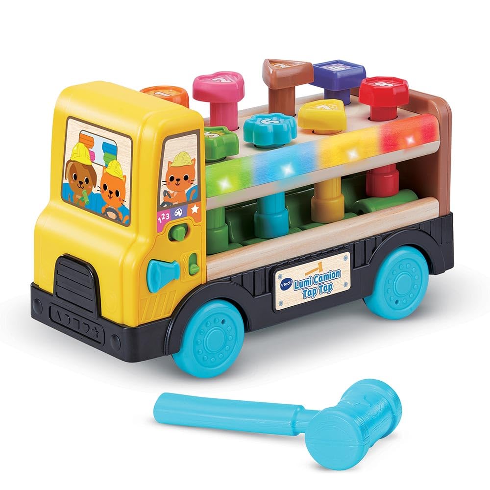 VTech – Lumi Camión Tap Tap, Camión Infantil Hablando y Musical Parcialmente de Madera, Juguete de Despertar y Motricidad Interactivo y Luminoso, Regalo para Bebé a Partir de 18 Meses – Contenido en | Camión de Juguete Interactivo en Parte de Madera, Jueg