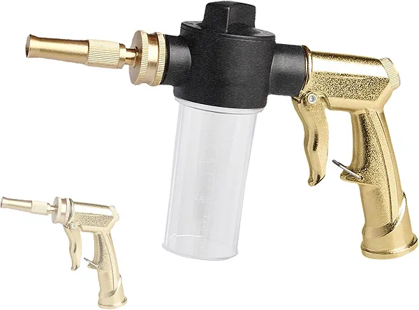 MOSIKEN Garden Hose Nozzle Sprayer with 3.5oz Plastic Soap Dispenser Bottle, Heavy Duty High Pressure Car Wash Foam Gun, Adjustable Nozzle for Gardening, Solar Panel Cleaning, Pet Showering (Brass)
