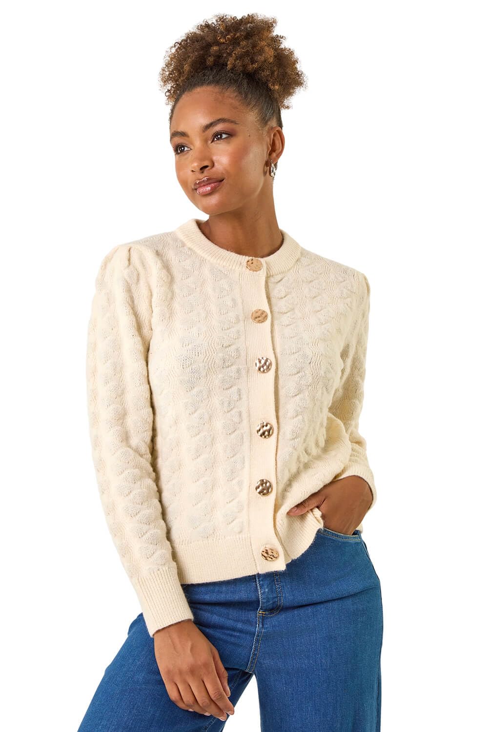 Roman Originals Women's Ivory Textured Buttoned Knit Cardigan For Uk - Everyday Autumn Winter Round Neckline Comfy Soft Evening Vacation Work Party Night Out - Size 14